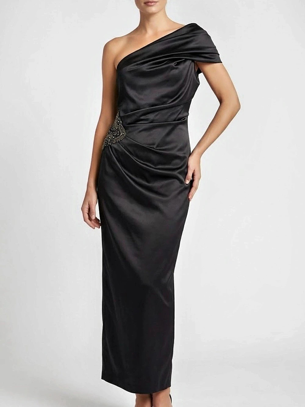 Eliza J Black Satin Beaded Draped One Shoulder Formal Evening Gown Maxi Dress 6